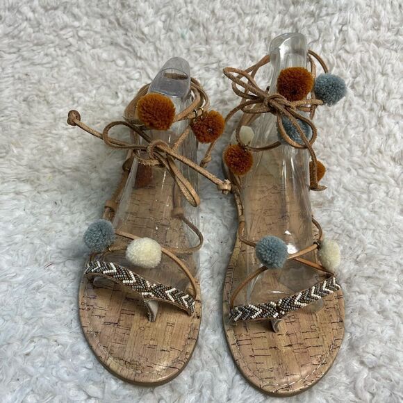 Circus By Sam Edelman Valencia Pom Pom & beaded wrap around Sandals Size 9.5 - Picture 2 of 8